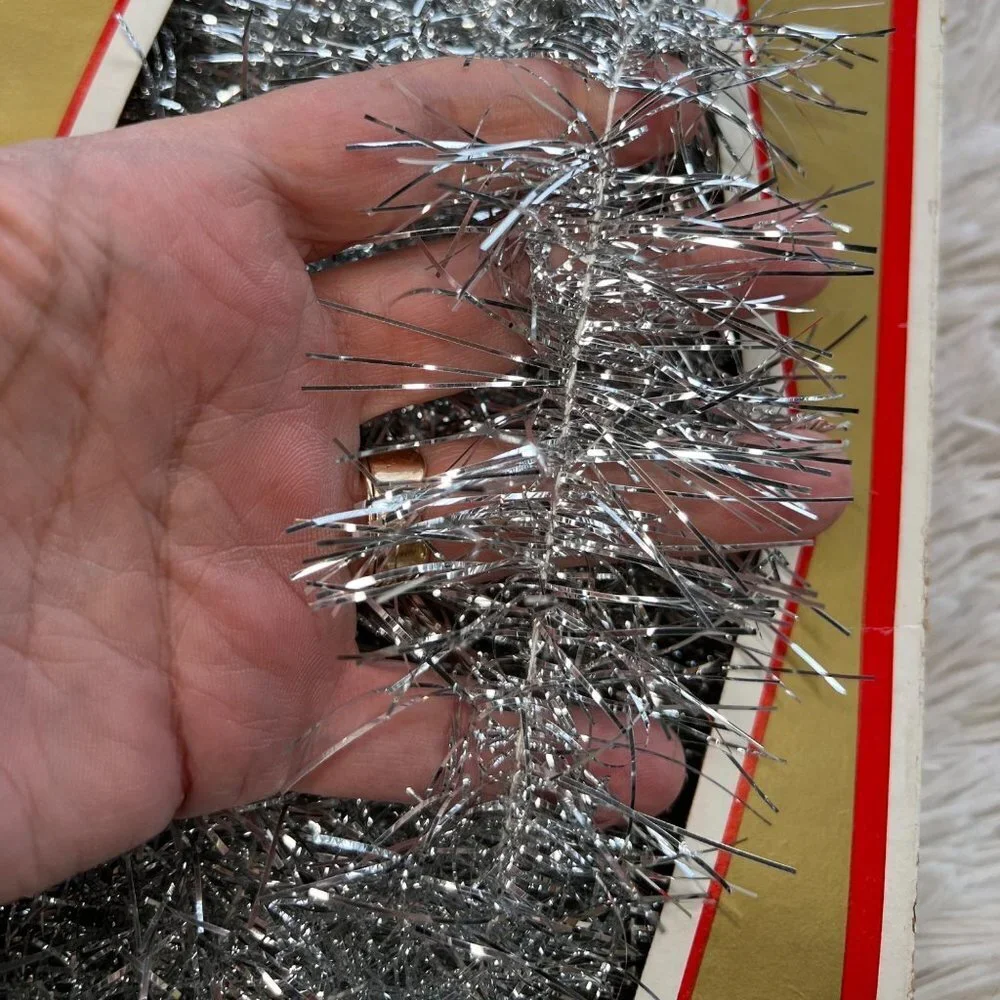 NEW in box Vintage Tarnish‎ Proof Flameproof Silver Tinsel Garland 6 yards